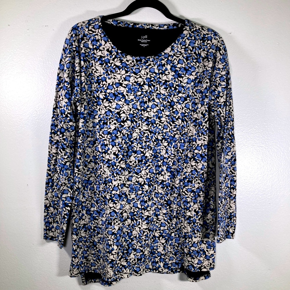 J. Jill Womens S Supima Crew Neck Tunic Blue Floral Cotton Long Sleeve Top